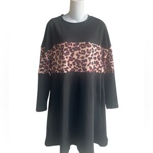 Amary Black Brown Leopard Print A-Line Stretch Dress Crew Neck Ladies Medium New